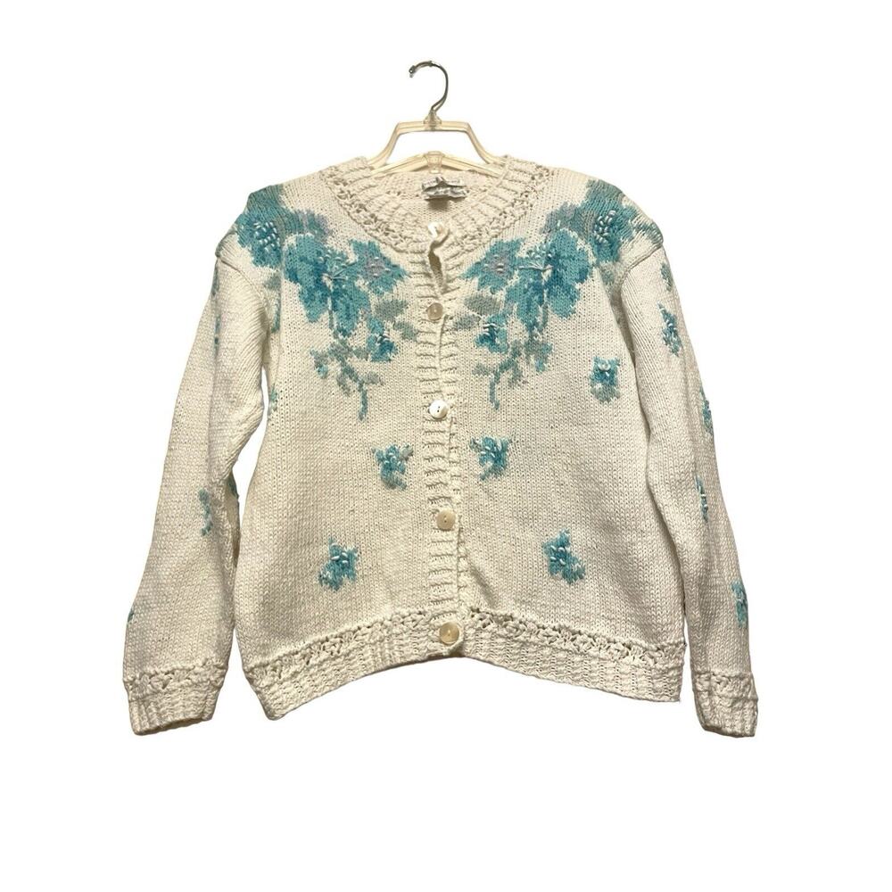 Vintage Jennifer Reed Hand Knit Cardigan Women Size‎ Medium White Floral Blue 3D